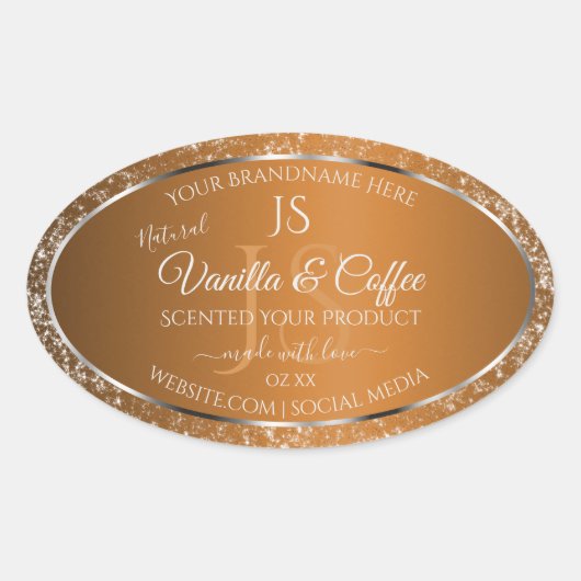 Golden Brown met Glitter Initialen Productlabels Ovale Sticker (Voorkant)