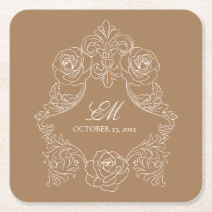 Golden Brown Monogram Crest Wedding Logo Vierkante Kartonnen Onderzetter