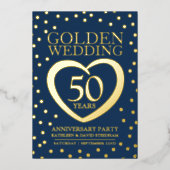 Golden bruiloft 50ste feest blauw goud folie uitnodiging (Voorkant)