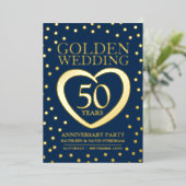 Golden bruiloft 50ste feest blauw goud folie uitnodiging (Staand Voorkant)