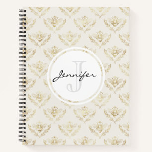 Golden Bumble Bee met kroonpatroonmonogram Notitieboek