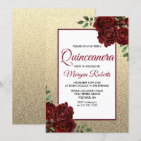 Golden Burgundy Red Rose Quinceanera Invitation