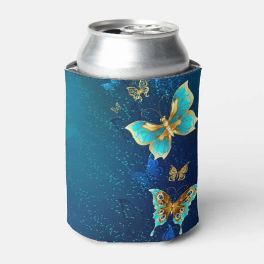 Golden Butterflies op een blauwe achtergrond Blikjeskoeler (Blikje Voorkant)