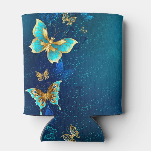 Golden Butterflies op een blauwe achtergrond Blikjeskoeler (Achterkant)