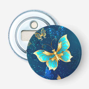 Golden Butterflies op een blauwe achtergrond Button Flesopener