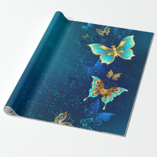 Golden Butterflies op een blauwe achtergrond Cadeaupapier