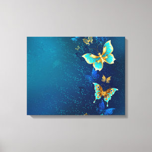 Golden Butterflies op een blauwe achtergrond Canvas Afdruk