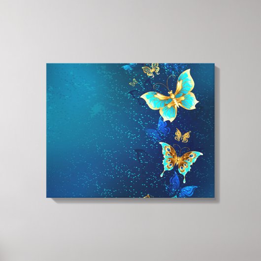 Golden Butterflies op een blauwe achtergrond Canvas Afdruk (Voorkant)