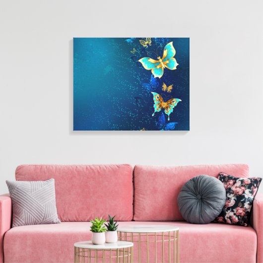 Golden Butterflies op een blauwe achtergrond Canvas Afdruk (Insitu (Woonkamer))