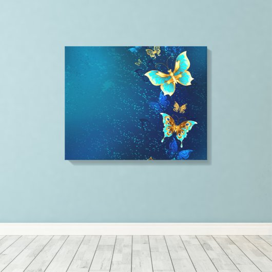 Golden Butterflies op een blauwe achtergrond Canvas Afdruk (Insitu (Houten vloer))