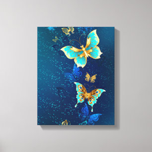 Golden Butterflies op een blauwe achtergrond Canvas Afdruk