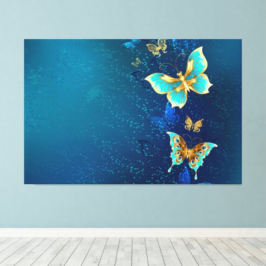 Golden Butterflies op een blauwe achtergrond Canvas Afdruk (Insitu (Houten vloer))