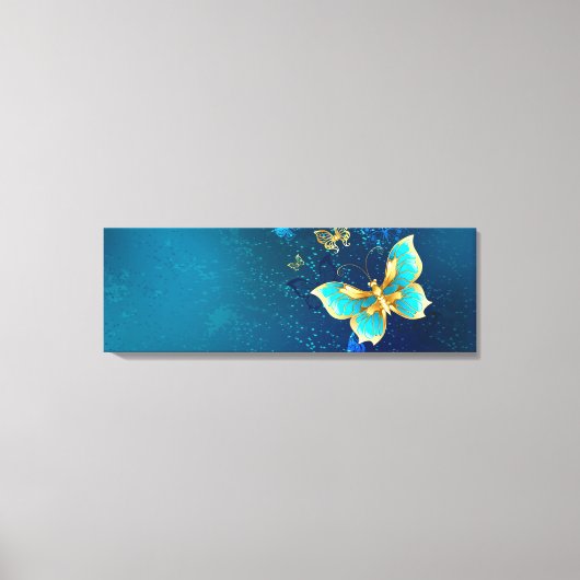 Golden Butterflies op een blauwe achtergrond Canvas Afdruk (Voorkant)