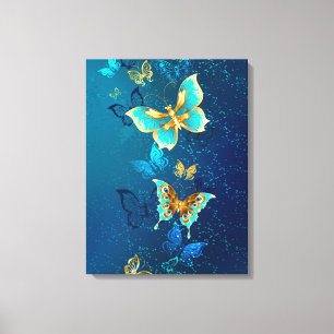 Golden Butterflies op een blauwe achtergrond Canvas Afdruk