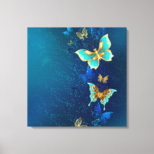 Golden Butterflies op een blauwe achtergrond Canvas Afdruk (Voorkant)