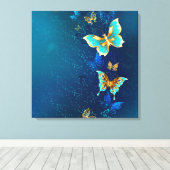 Golden Butterflies op een blauwe achtergrond Canvas Afdruk (Insitu (Houten vloer))