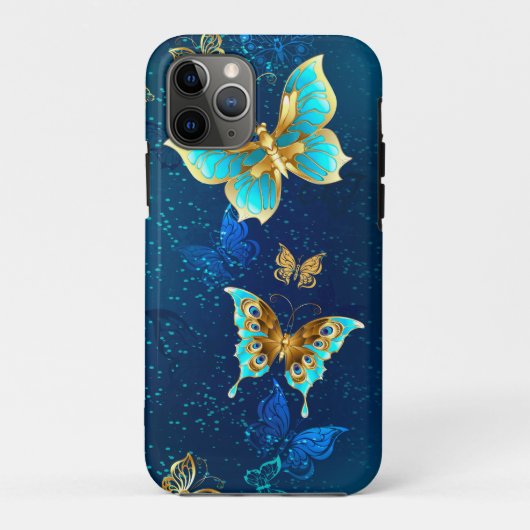 Golden Butterflies op een blauwe achtergrond Case-Mate iPhone Case (Achterkant)
