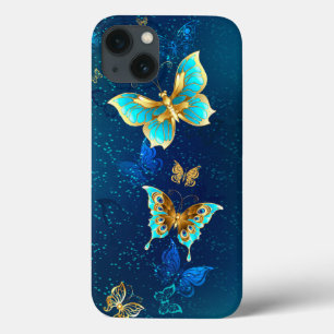 Golden Butterflies op een blauwe achtergrond iPhone 13 Hoesje