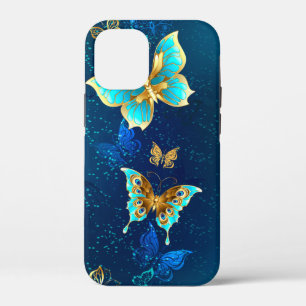 Golden Butterflies op een blauwe achtergrond iPhone 12 Mini Hoesje