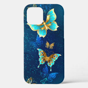 Golden Butterflies op een blauwe achtergrond iPhone 12 Pro Hoesje