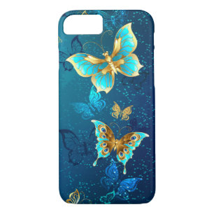 Golden Butterflies op een blauwe achtergrond iPhone 8/7 Hoesje