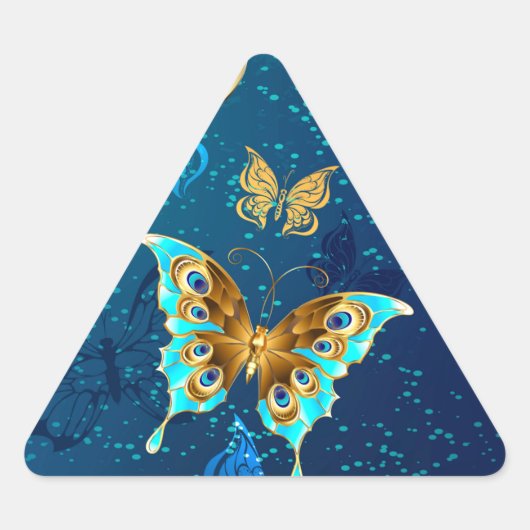 Golden Butterflies op een blauwe achtergrond Driehoek Sticker (Voorkant)