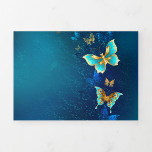 Golden Butterflies op een blauwe achtergrond Drieluik Kaart