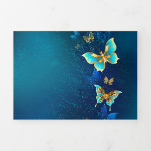Golden Butterflies op een blauwe achtergrond Drieluik Wenskaart
