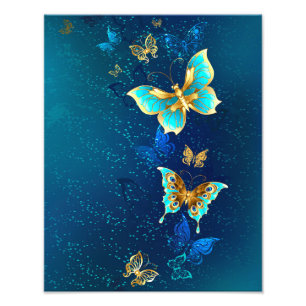 Golden Butterflies op een blauwe achtergrond Foto Afdruk