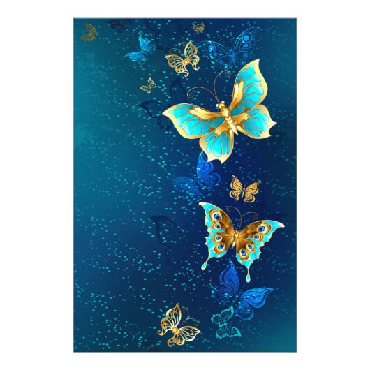 Golden Butterflies op een blauwe achtergrond Foto Afdruk (Voorkant)