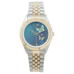Golden Butterflies op een blauwe achtergrond Horloge