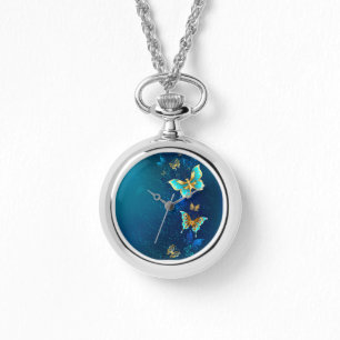 Golden Butterflies op een blauwe achtergrond Horloge