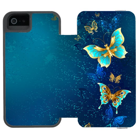 Golden Butterflies op een blauwe achtergrond Incipio iPhone Portemonnee Hoesje (Agenda Open)