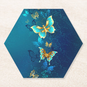 Golden Butterflies op een blauwe achtergrond Kartonnen Onderzetters