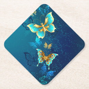 Golden Butterflies op een blauwe achtergrond Kartonnen Onderzetters