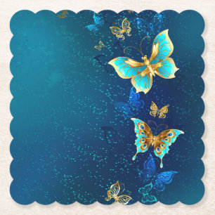 Golden Butterflies op een blauwe achtergrond Kartonnen Onderzetters