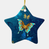 Golden Butterflies op een blauwe achtergrond Keramisch Ornament (Achterkant)