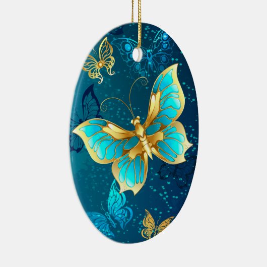 Golden Butterflies op een blauwe achtergrond Keramisch Ornament (Rechts)