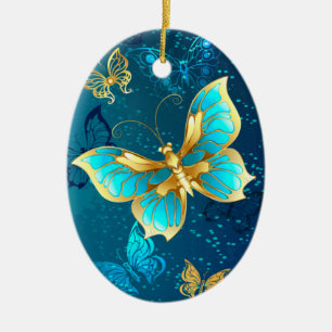 Golden Butterflies op een blauwe achtergrond Keramisch Ornament