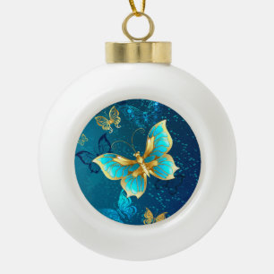 Golden Butterflies op een blauwe achtergrond Keramische Bal Ornament