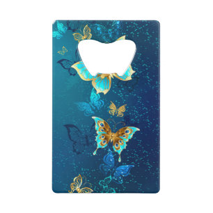 Golden Butterflies op een blauwe achtergrond Kredietkaart Flessenopener