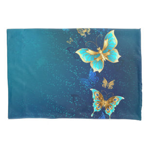 Golden Butterflies op een blauwe achtergrond Kussensloop