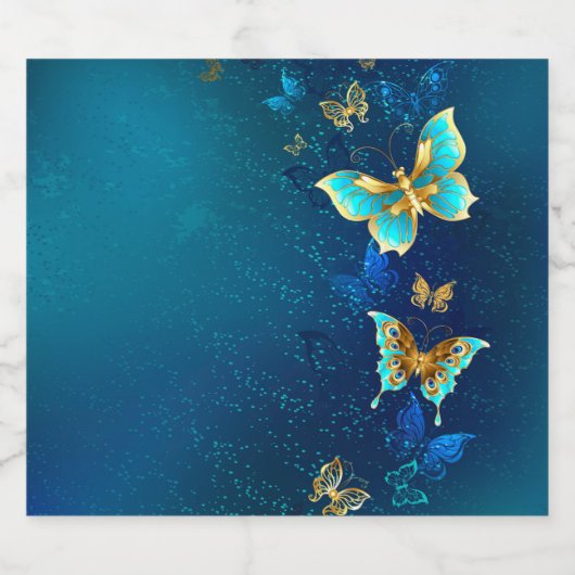 Golden Butterflies op een blauwe achtergrond Likeurfles Etiket (Enkel label)