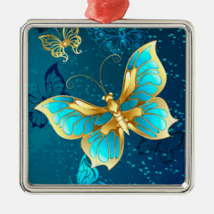 Golden Butterflies op een blauwe achtergrond Metalen Ornament