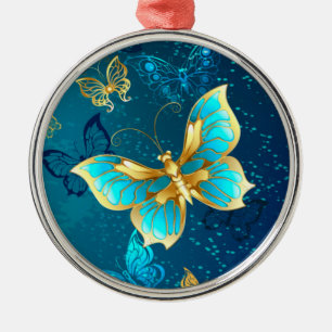 Golden Butterflies op een blauwe achtergrond Metalen Ornament