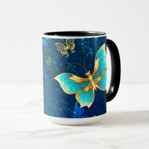 Golden Butterflies op een blauwe achtergrond Mok