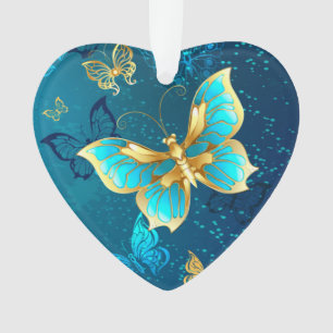 Golden Butterflies op een blauwe achtergrond Ornament