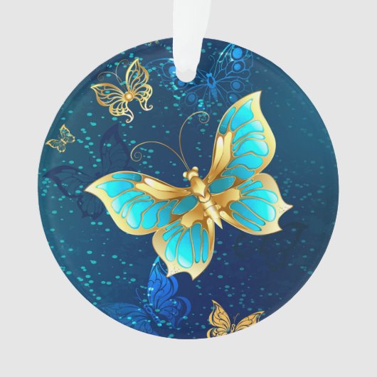 Golden Butterflies op een blauwe achtergrond Ornament (voorkant)