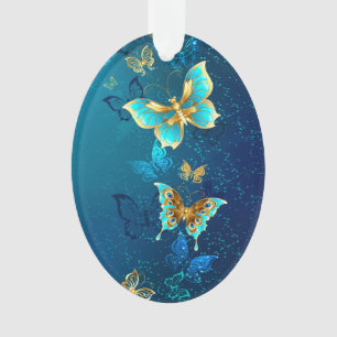 Golden Butterflies op een blauwe achtergrond Ornament