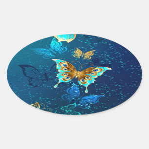 Golden Butterflies op een blauwe achtergrond Ovale Sticker